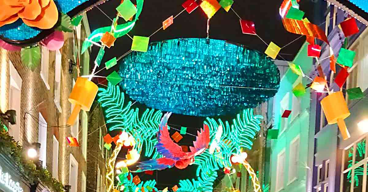 Multi-coloured Christmas decorations and lights.