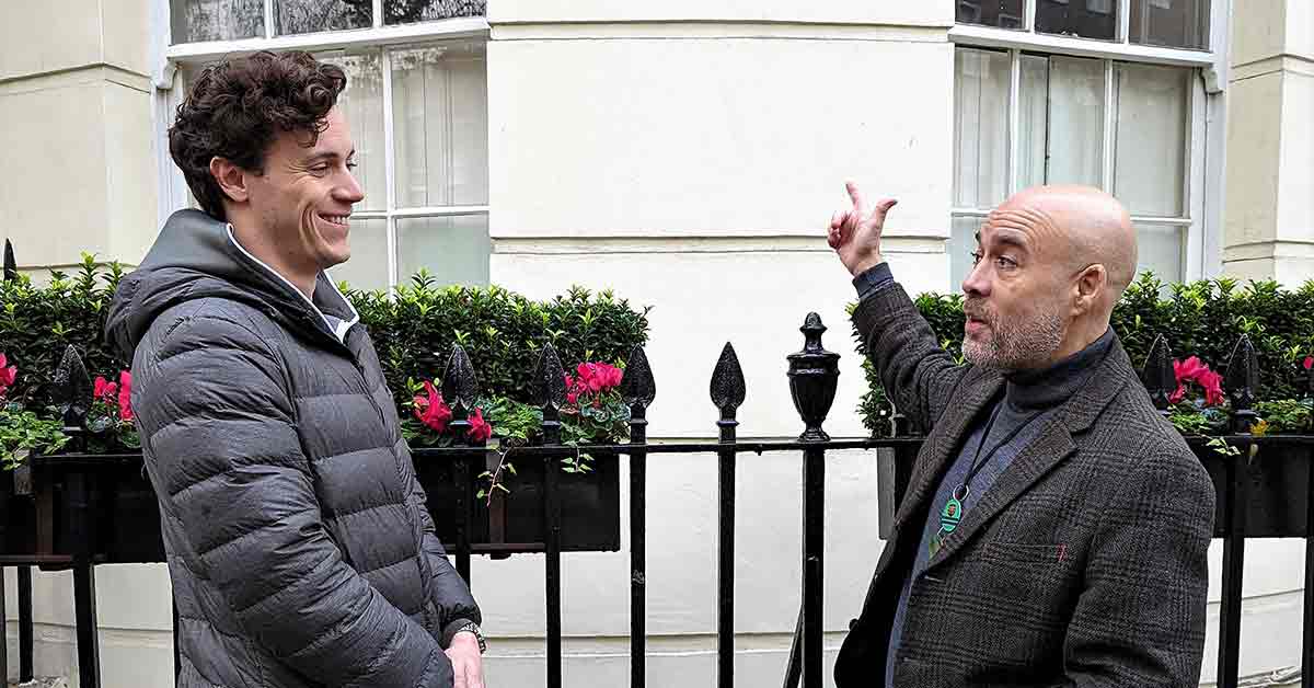 Pointing out an interesting feature on  a London building.