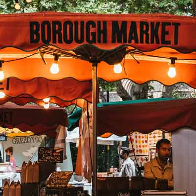 Food stall with Borough Market sign.