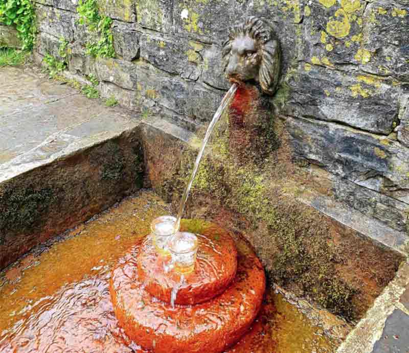 Water trickling from a carved lion's mouth.