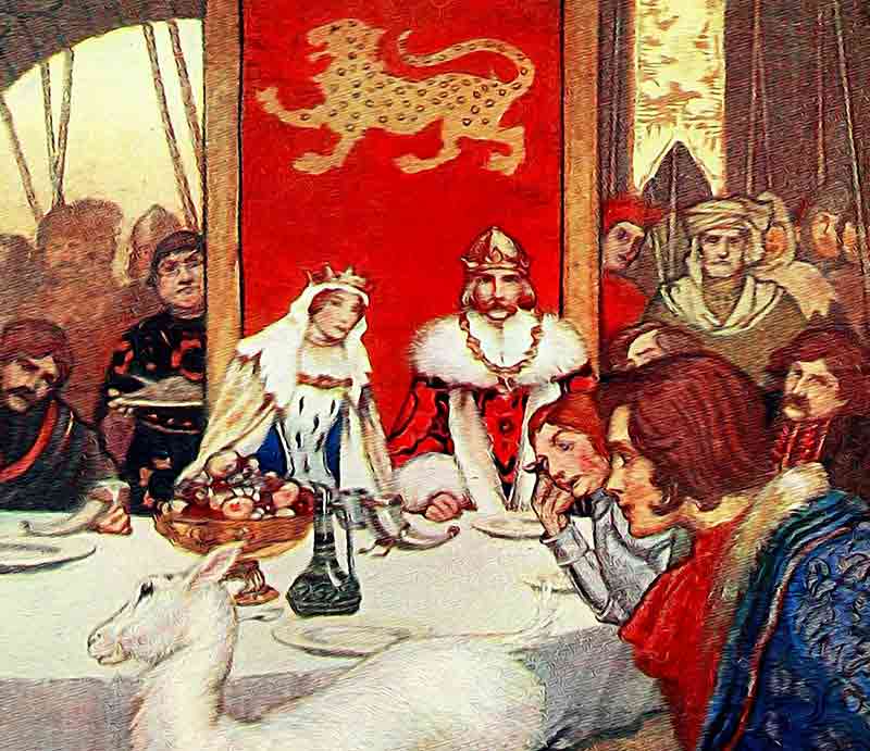 At the Round Table with Guinevere and his court.