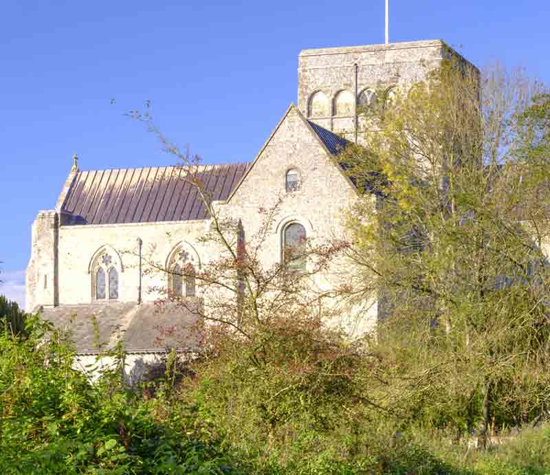 Brick-built medieval building atop a hill surrounded by woodland.