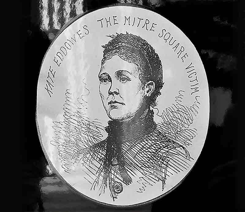 Black and white illustrated portrait with text 'Kate Eddowes The Mitre Square Victim.