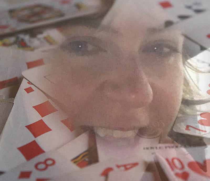 Jennifer superimposed on playing cards.