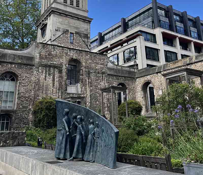 memorial sculpture, garden and church.