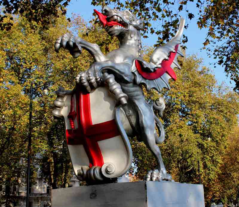 City of London dragon marker, Royal Exchange and skyscrapers.