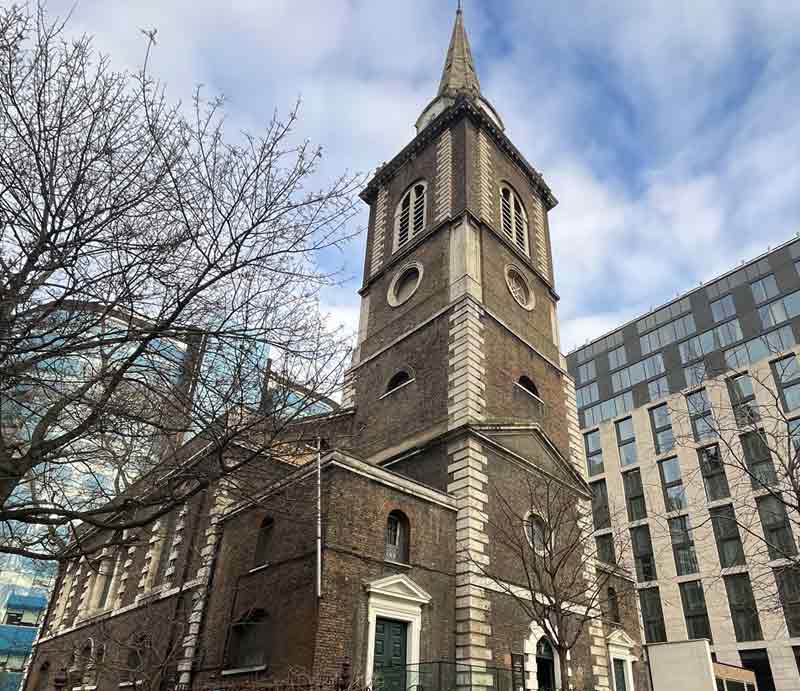 Exterior of the church towards the brick spire.