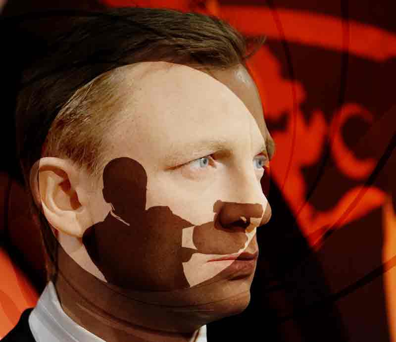 Daniel Craig in roundel with silhouette of Bond with gun, MI6 & Downing Street sign.