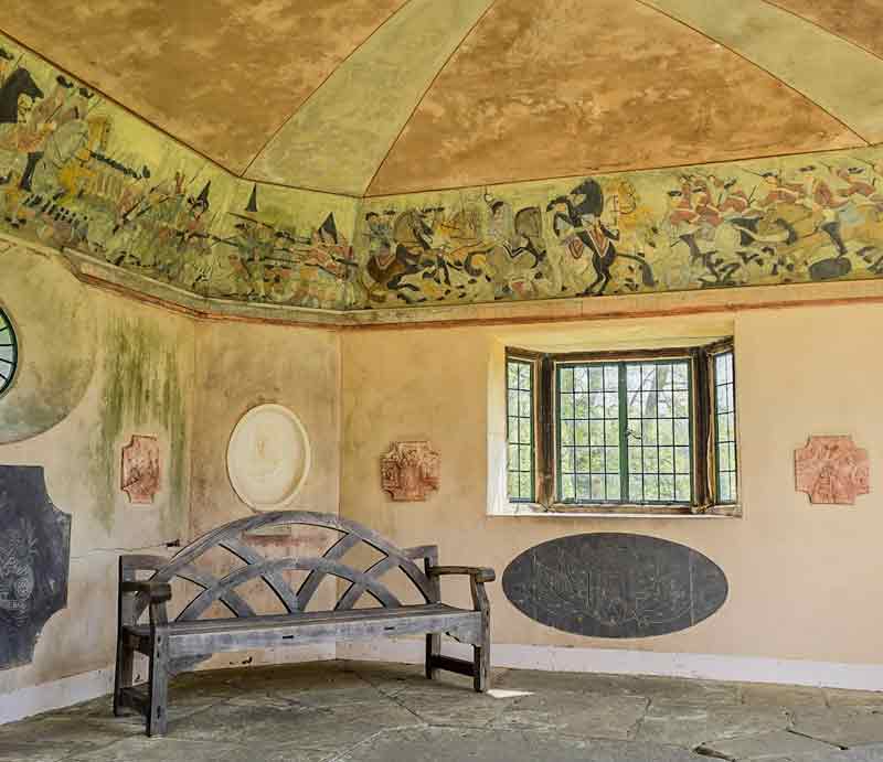 The Marlborough Pavillion Plaques, medalions and murals depicting the Battle of Blenheim.