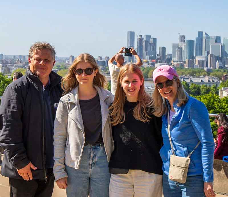 Tony and guests with East London skyscrapers in the distance.