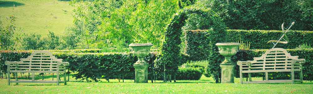 Benches and and topiary borders.