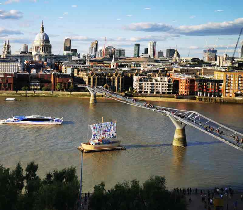 Aerial view with the Thames and St Paul's Cathedral on the far bank.