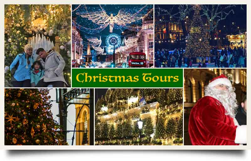 Christmas tours postcard Montage of famous London Christmas lights locations.