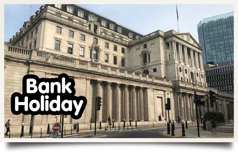 The Neoclassical styled exterior with caption 'Bank Holiday'.