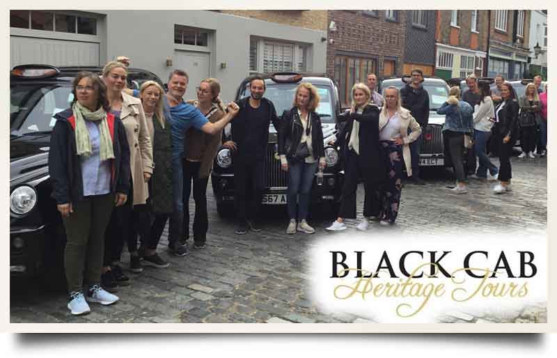 Row of London Black Cabs with guests and company logo.