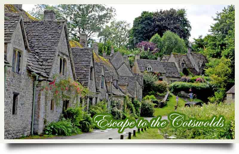 Picturesque village and stone cottages with caption 'Escape to the Cotswolds'.