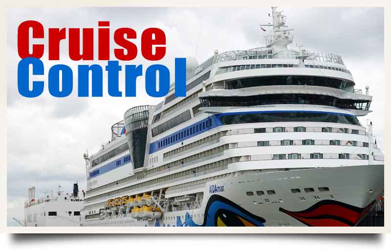 Liner at a main British port with caption 'Cruise Control'.