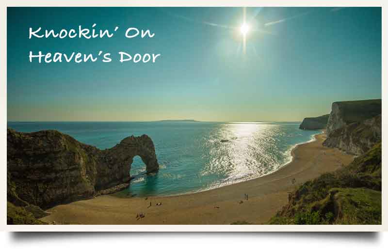 Durdle Door and picturesque coastline with caption 'Knockin' on Heaven's Door'