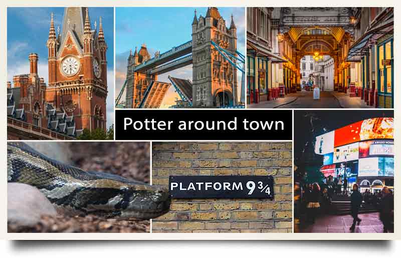 Montage of film locations with caption 'Potter around London'.