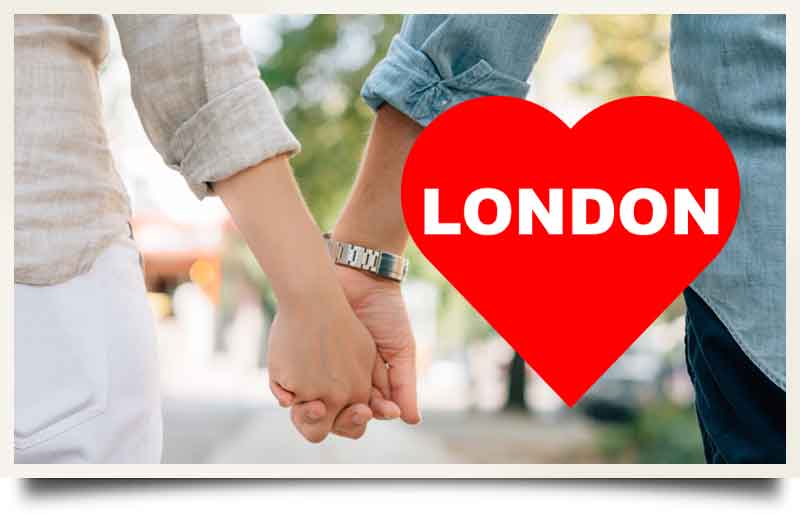 A couple hand in hand with red love heart with the word LONDON inside.