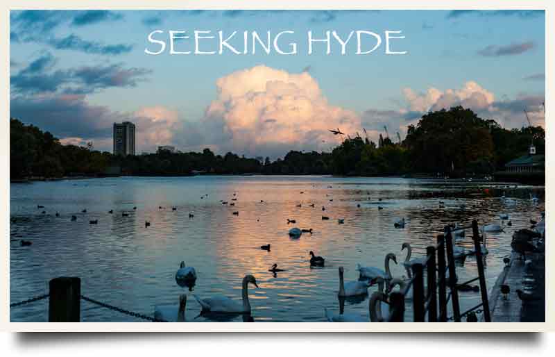 The Serpentine lake at dusk with wild fowl with caption 'Seeking Hyde'.