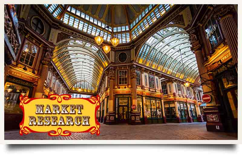 The Victorian architecture and shops with caption in art nouveau font 'Market Research'.