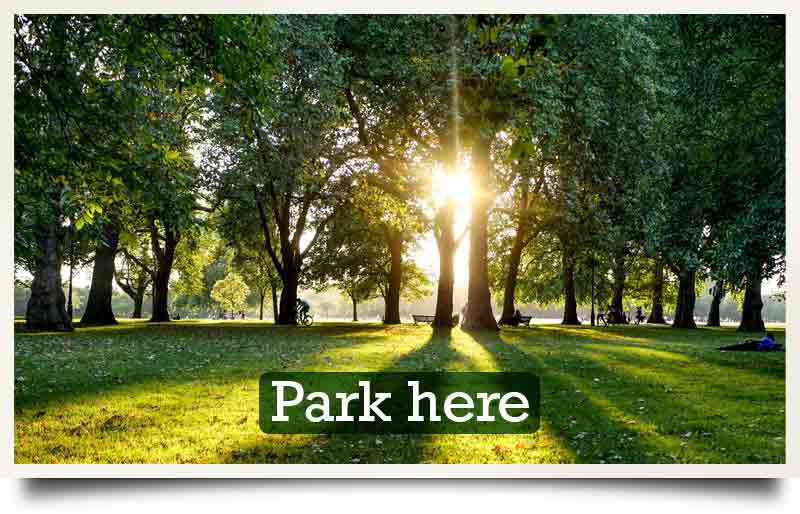 Sun shining through the trees of London's Hyde Park with caption 'Park here'.