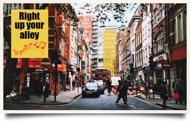 Denmark Street from Charing Cross Road.