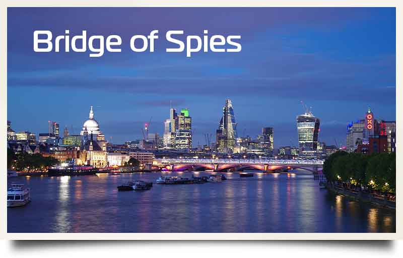 View of the City of London from over the river Thames with caption 'Bridge of Spies''