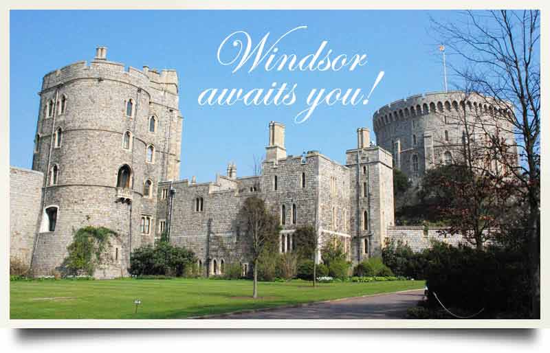 On a bright summer's day with caption 'Wndsor awaits you!'.